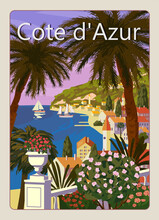 Poster Cote De L'azur French Riviera Coast Vintage. Resort, Coast, Sea, Beach. Retro Style Illustration Vector