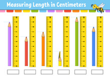 Measuring Length In Centimeter With Ruler. Education Developing Worksheet. Game For Kids. Color Activity Page. Puzzle For Children. Cute Character. Vector Illustration. Cartoon Style.
