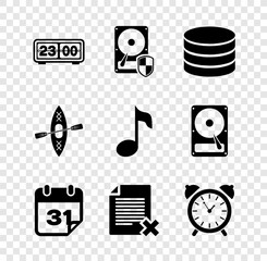 Poster - Set Retro flip clock, Hard disk drive HDD protection, Database, Calendar, Delete file document and Alarm icon. Vector