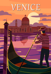 Wall Mural - Retro Poster Venice Italia. Sunset Grand Canal, gondolier, architecture, vintage style card. Vector illustration postcard
