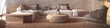 Scandinavian style. Boho living room design. Brown interior with natural wooden furniture. 3d rendering illustration. Web banner.