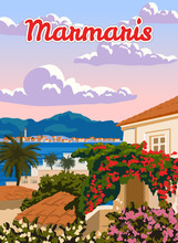 Marmaris Landmark, Turkey Resort, Retro Poster, Horizon, Skyline. Vintage Touristic Travel Postcard, Placard, Vector