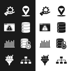 Canvas Print - Set Server, Data, Web Hosting, Browser with exclamation mark, Hand settings gear, Location sales funnel, Pie chart infographic, security lock, Hierarchy organogram and Sales icon. Vector