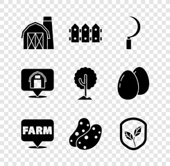set farm house, garden fence wooden, sickle, location farm, potato, shield with leaf, and tree icon.