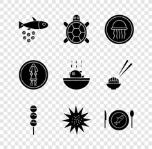 Set Fish With Caviar, Turtle, Jellyfish On Plate, Takoyaki Stick, Sea Urchin, Served, Octopus And Puffer Soup Icon. Vector