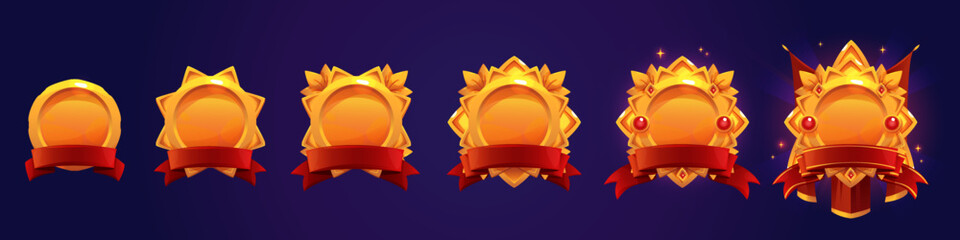 Poster - Golden game avatar frames, award badges, level ui icons. Empty gold banners with red ribbons. Isolated bonus graphic elements, reward, trophy achievement and prize Cartoon vector illustration, set