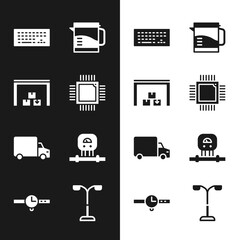 Sticker - Set Processor with microcircuits CPU, Warehouse, Keyboard, Electric kettle, Delivery cargo truck, Smart sensor, Street light and Wrist watch icon. Vector