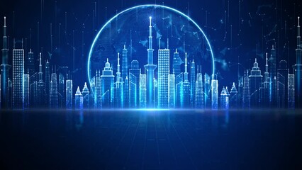 Poster - Smart City Of Cyberspace And Metaverse, Technology Digital Network Connection, Social Network Connection, Blue Abstract Background Concept.