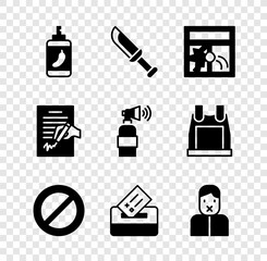 Set Pepper spray, Military knife, Broken window, Ban, Vote box, Censor and freedom of speech, Petition and Air horn icon. Vector