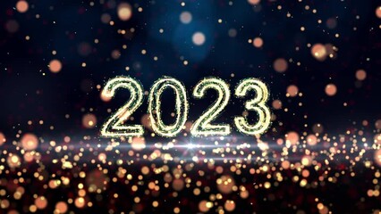 Poster - Happy New Year 2023. Slow motion new year festival abstract background with golden numbers and glitter lights.	

