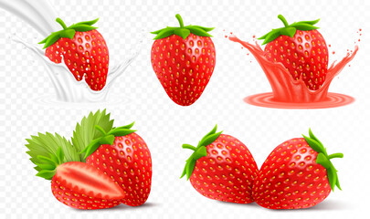 Wall Mural - whole and slice of strawberry, strawberry in a splash of juice with drops, strawberry in a splash of
