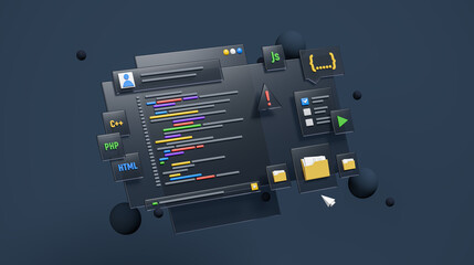 software development coding process script coding on glass display. programming and it technology co