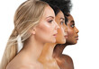 Beauty Diversity Faces. Multi Ethnic Women Caucasian, African and Asian. Three Woman Profile with different Skin Type and Color over White Isolated. Facial Care Cosmetics and Make up