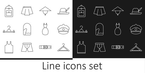 Wall Mural - Set line Hanger wardrobe, Police cap with cockade, Asian conical hat, Christmas mitten, Backpack, Woman dress and Skirt icon. Vector