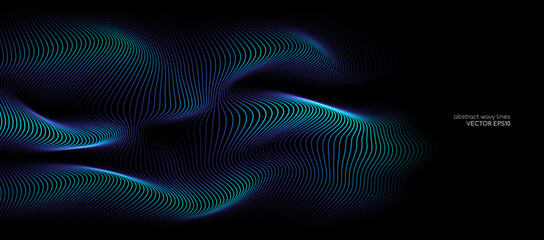 3D Vector wave lines pattern smooth curve flowing dynamic blue green light isolated on black background for concept of technology, digital, communication, science, music