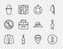 Set Line Fishing Jacket, Hook, Lifebuoy, Bottle Of Vodka, Bucket, Case Container For Wobbler, Location Fishing And Spoon Icon. Vector