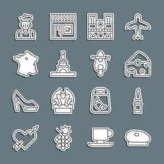 Sticker - Set line French beret, Lipstick, Cheese, Notre Dame, Eiffel tower, Map of France, man and Scooter icon. Vector