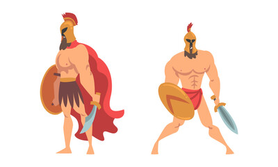 Sticker - Spartan Man in Red Cloak and Helmet Armed with Sword and Shield Standing Vector Set