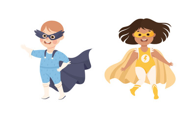 Sticker - Little Boy and Girl Wearing Costume of Superhero Pretending Having Power for Fighting Crime Vector Set