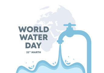 Wall Mural - World water day poster banner background with faucet and world map on white color.
