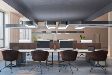 Poster - Modern loft coworking office interior with window and city view. 3D Rendering.