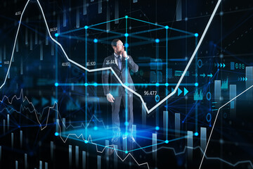 Poster - Thoughtful young european business man standing inside abstract cube hologram on blurry blue background. Metaverse, software, future and data center concept. Double exposure.