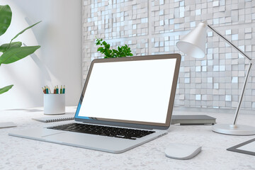 Poster - Close up of creative designer desktop with empty white laptop screen, lamp, supplies various other objects and shiny light tile wall background. 3D Rendering.