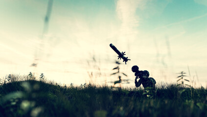 Wall Mural - Soldier firing anti-tank missile at war