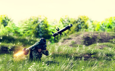 Wall Mural - Soldier firing anti-tank missile at war