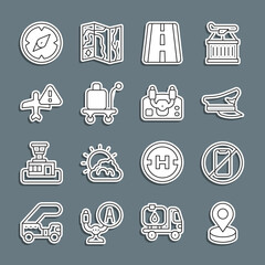 Sticker - Set line Location, No cell phone, Pilot hat, Airport runway, Trolley baggage, Warning aircraft, Compass and Aircraft steering helm icon. Vector