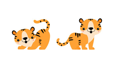 Canvas Print - Cute Little Striped Tiger Cub with Orange Fur Playing and Standing Vector Set