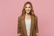 Young satisfied smiling happy fun cheerful successful european employee business woman 30s she wearing casual classic jacket look camera isolated on plain pastel light pink background studio portrait.