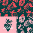 Strawberry pattern seamless, strawberries illustration, hand-drawn vector red berry for vegan banner, juice or jam label design. Ripe berries background for baby food packaging. Strawberry backdrop.