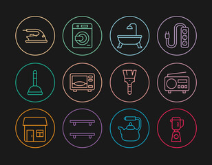 Poster - Set line Blender, Radio, Bathtub, Microwave oven, Rubber plunger, Electric iron, Paint brush and Washer icon. Vector