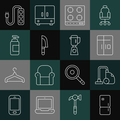 Sticker - Set line Refrigerator, Vacuum cleaner, Gas stove, Knife, Antibacterial soap, Electric extension and Blender icon. Vector