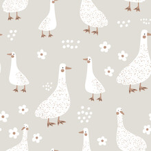 Seamless Childish Pattern With Cute Gooses On The Meadow. Kids Pastel Texture With Funny Ducks. Vector Illustration