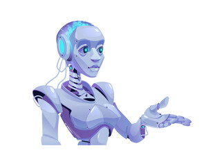 Leinwandbilder - Lady robot, sci fi cyber girl gesture hand and point. Vector woman robot artificial intelligence female cyborg isolated futuristic character. Ai bot, mechanical droid robotic smart helper