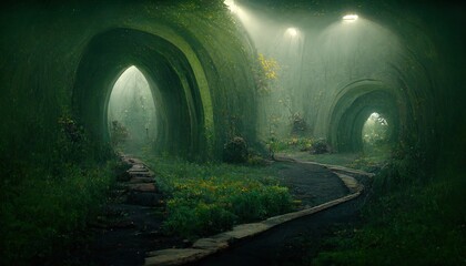 Mythical green tunnels, entrance to another world, lost forest, tern illustration of green tunnels made of trees.