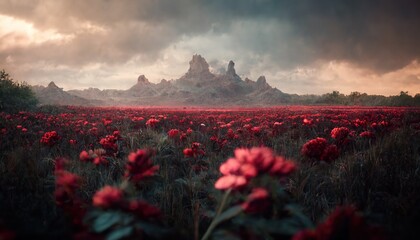 Fototapete - Fantasy landscape, colorful mountains, mythical red flower, close-up, glade of red flowers, ancient mountains, clouds.