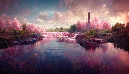 Fototapete - A colorful illustration in pink and red tones, a sea with flowers on a mountain background. 