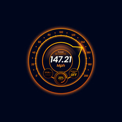 Aufkleber - Car futuristic speedometer gauge neon dial neon scale. Automobile or motorcycle speed meter counter, auto dashboard vector gauge or tachometer indicator with glowing orange neon arrow and MPH info