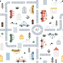 City Transport And Houses Seamless Pattern