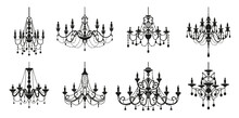 Chandelier Silhouettes, Crystal Lamp Lights Or Baroque Candelabra With Candlesticks, Vector Icons. Vintage Chandelier Lamps Or Royal Lampshades With Candles And Crystal Pendants In Black Silhouette