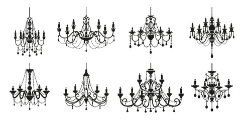 Chandelier silhouettes, crystal lamp lights or baroque candelabra with candlesticks, vector icons. Vintage chandelier lamps or royal lampshades with candles and crystal pendants in black silhouette
