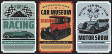 Retro Cars Racing, Museum And Motor Show Posters. Vehicles History Exhibition, Retro Automobiles Restoration Club And Motorsport Competition Flyer. Vintage Cabriolet Coupe, Antique Sedan Vector
