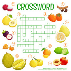 Wall Mural - Cartoon tropical raw fruits. Crossword grid, find a word quiz game or educational vector riddle, crossword quiz with lychee, quince and mangosteen, tamarind, durian and pomelo, yuzu, nectarine fruits