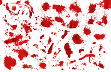 Blood Blobs Or Red Paint Ink Splatter, Stains Set. Splash Of Red Paints With Drops. Splash And Drip Design. Splat Messy Inkblot. Vector Illustration