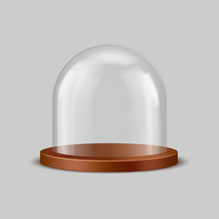 Poster - Spherical dome, transparent case for exhibitions and presentations, kitchen utensils and Christmas souvenirs. 3D realistic exhibition display with light wood plate, vector illustration