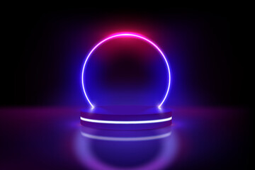 Poster - Realistic 3d blue pedestal podium in sci fi room. Vector illustration of empty podium with light gradient, rendering product display presentation. Winner pedestal, futuristic minimal scene