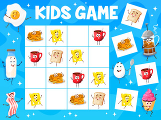 Poster - Sudoku game cartoon breakfast characters. Vector worksheet with pancakes, cheese, toast and coffee cup on chequered board. Educational task, children teaser for leisure sparetime activity